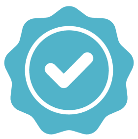 A blue seal with a check mark inside of it.