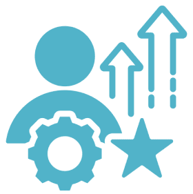 A blue icon of a person, gear and star.